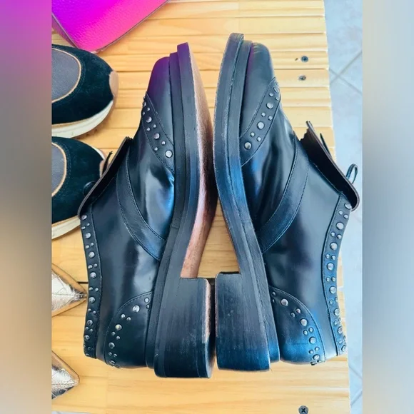 REBECCA MINKOFF Black Leather Hollis Oxford Studded Fringe Shoe Mocassin - Picture 5 of 7